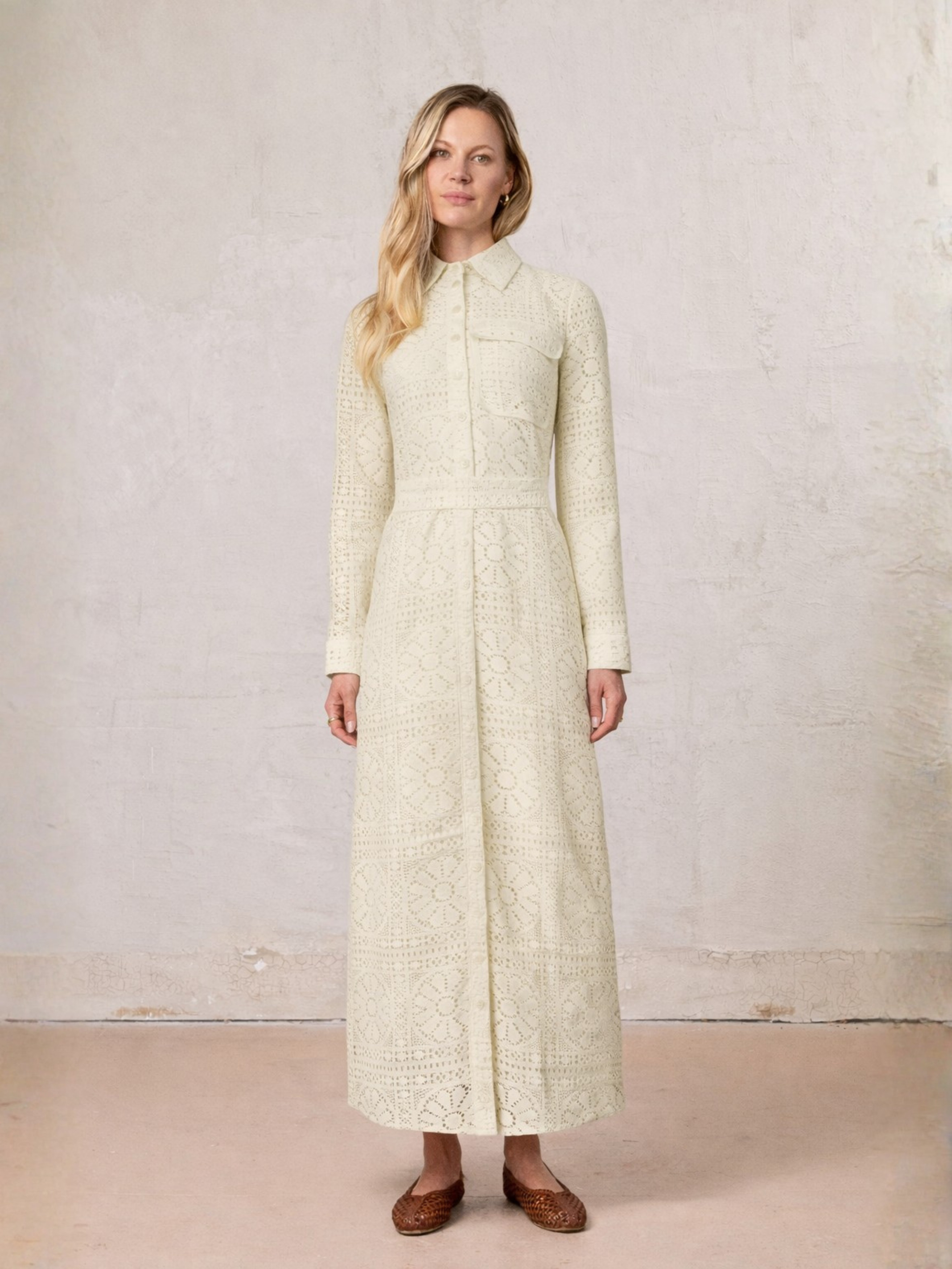 Lace Cutout Shirtdress-Cream