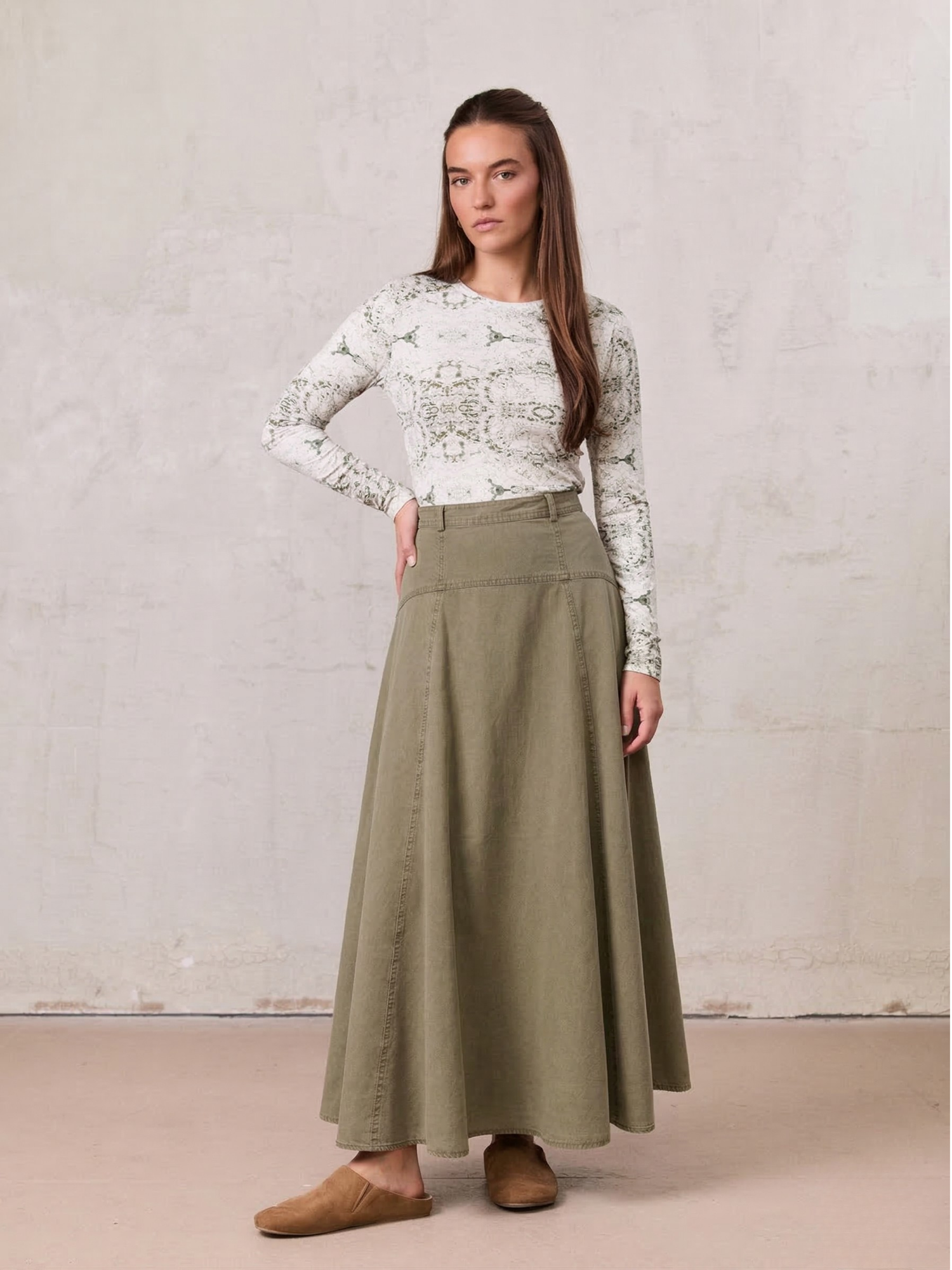 Denim Yoke Circle Skirt-Washed Khaki