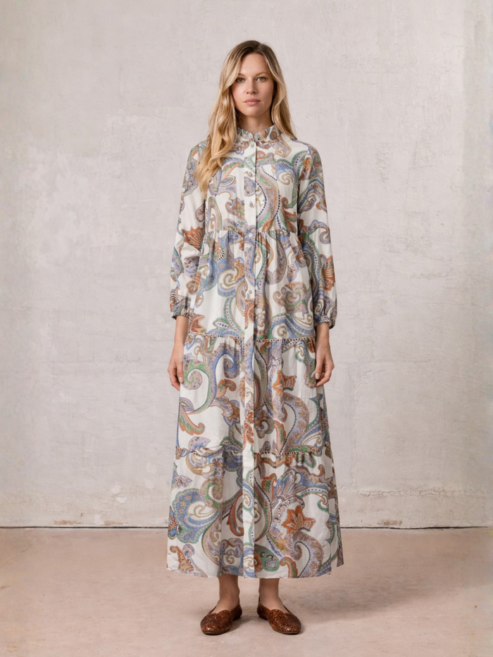 Peasant Belted Dress-Paisley Floral