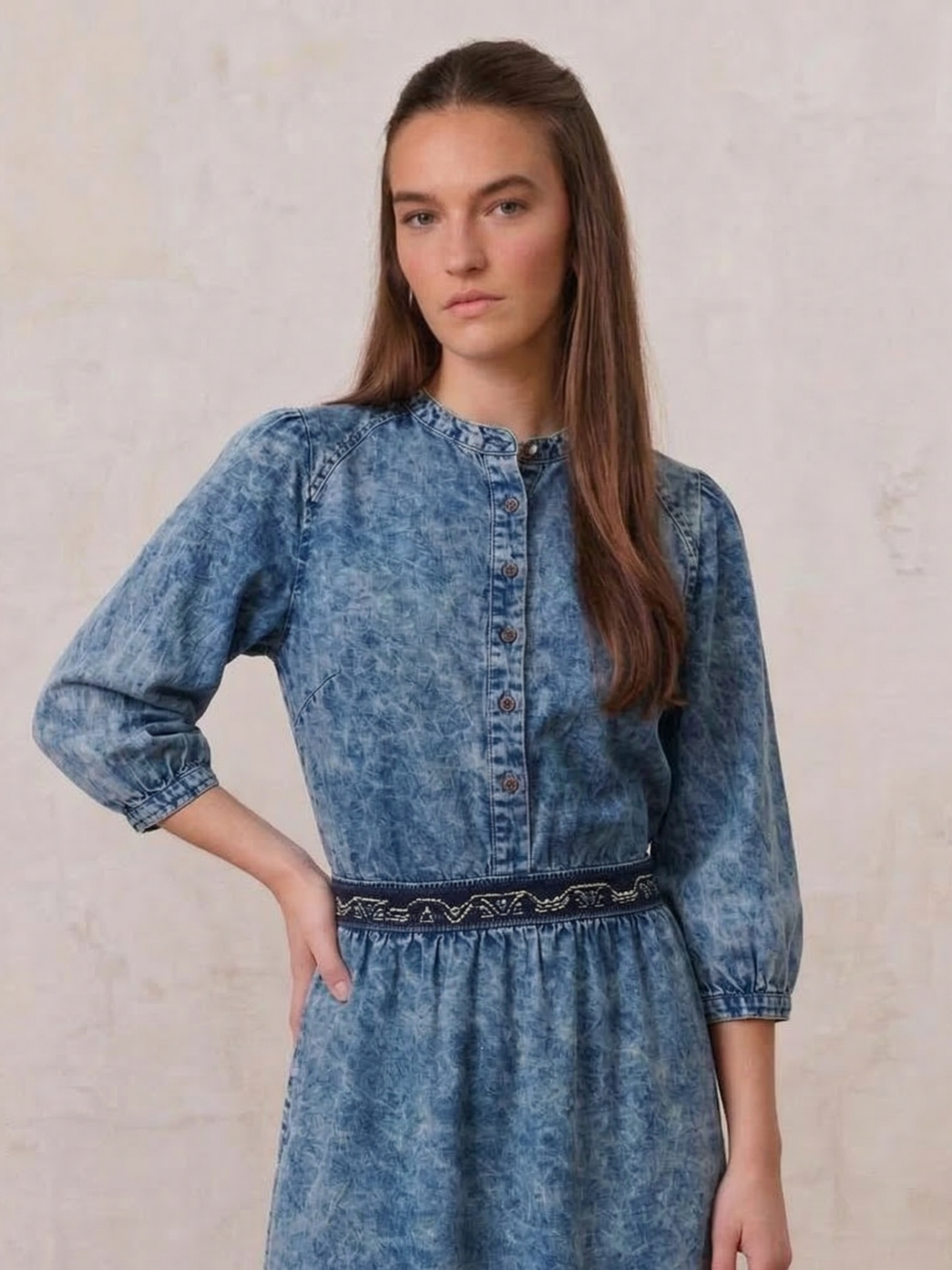 Puff Sleeve Washed Denim Blouse-Blue