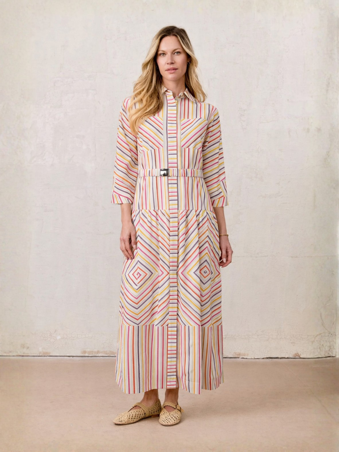 Belted Wide Sleeve Dress-Colored Stripe