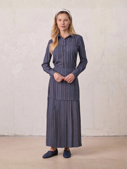 Pleat Bottom Flower Print Skirt-Blue Striped Medallion