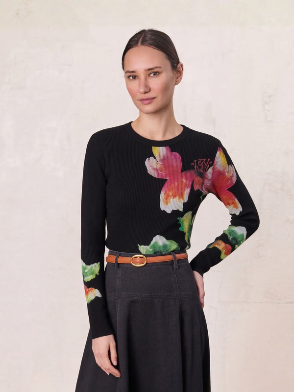 Printed Ribbed T-Shirt-Black Flower Pop