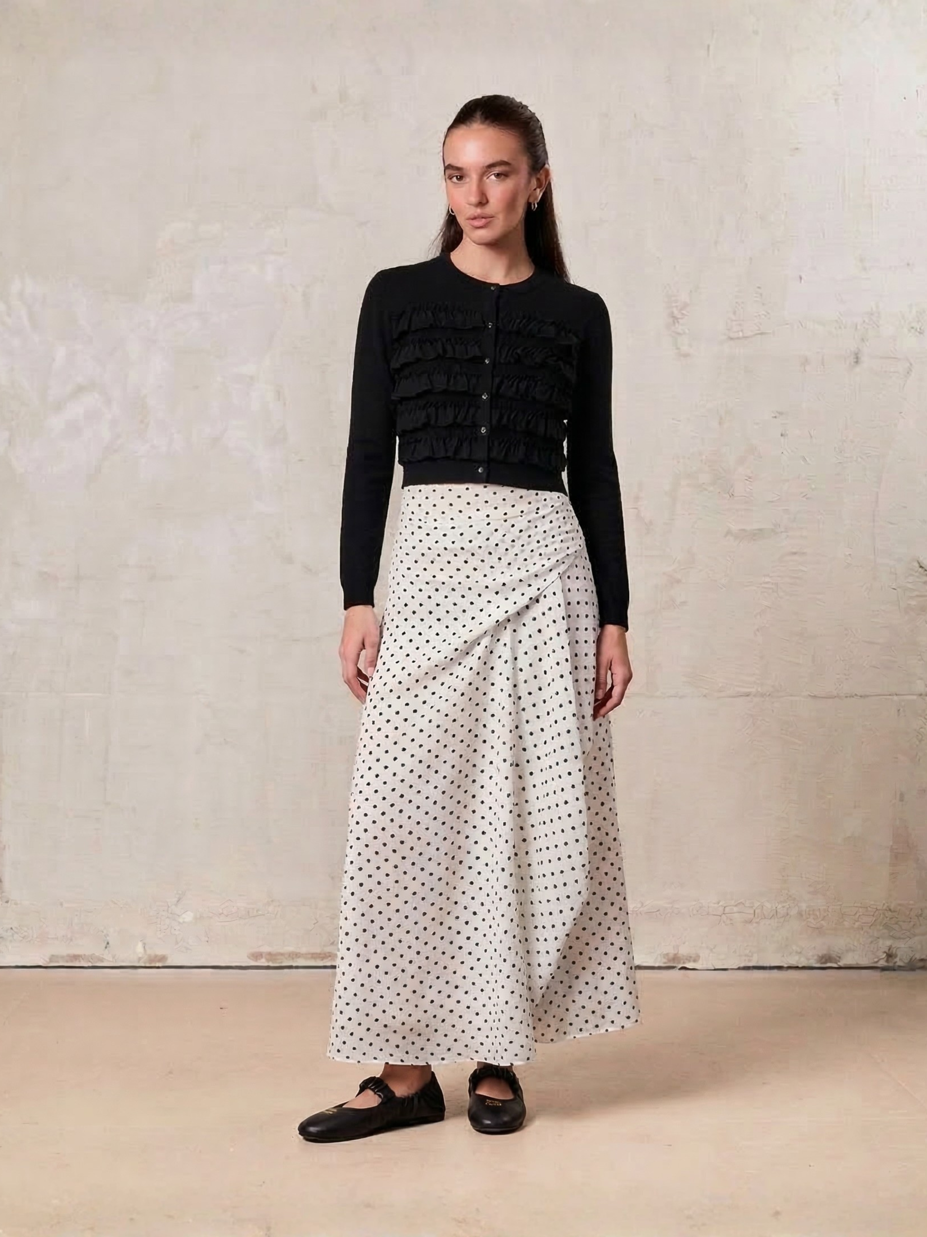 Gathered Overlay Skirt-White and Black Polka Dot