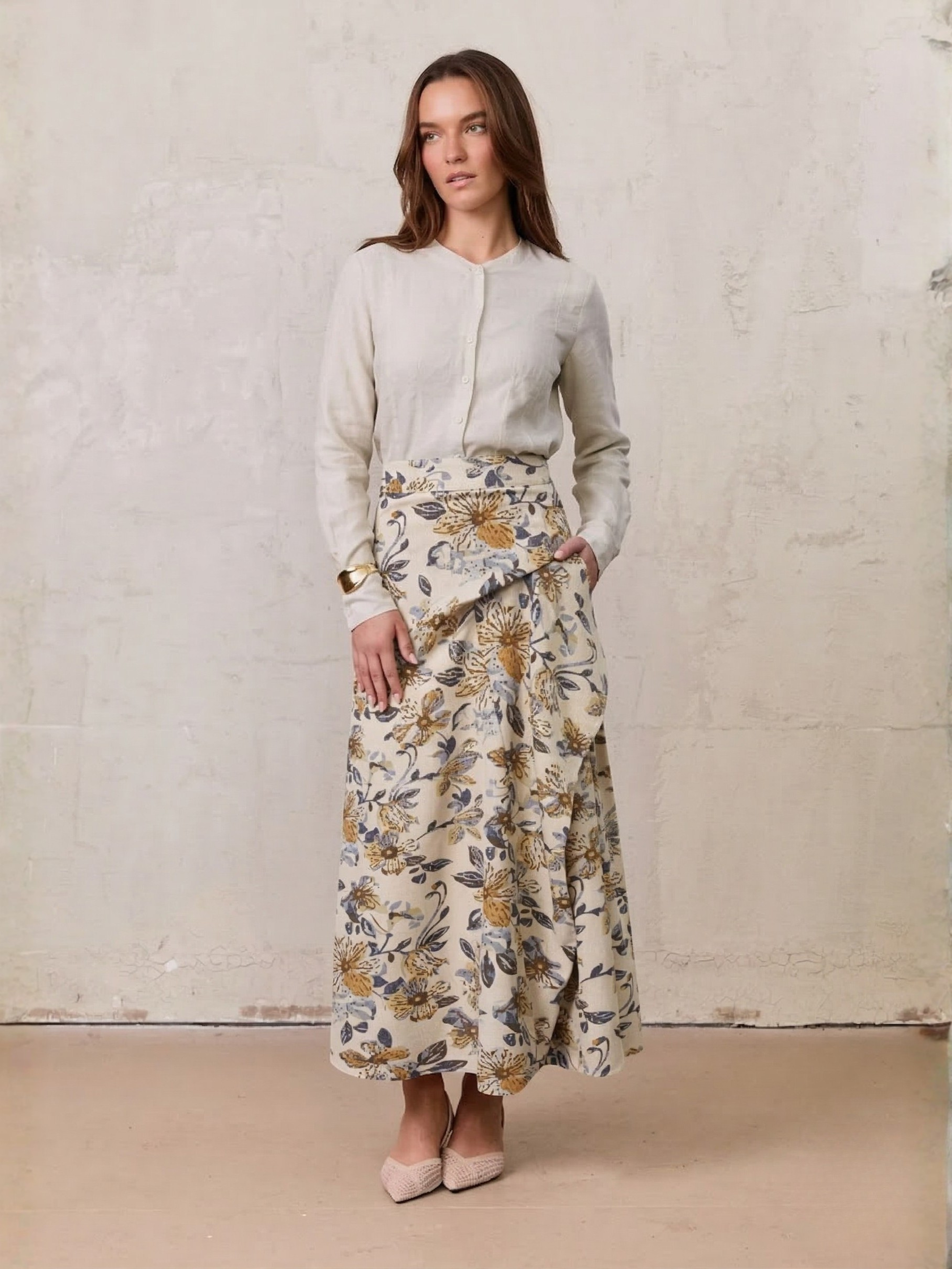 Gathered Overlay Skirt-Oatmeal Floral