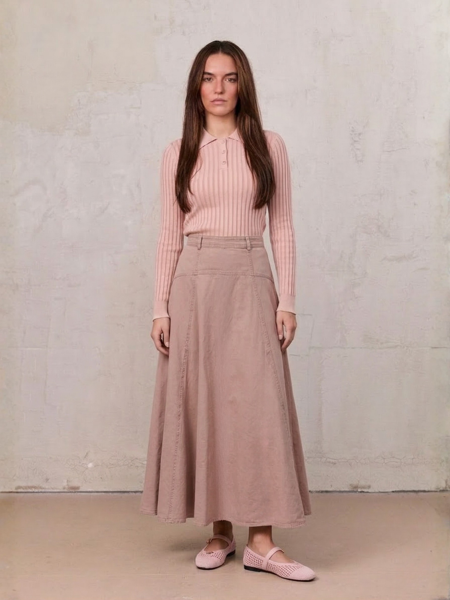 Denim Yoke Circle Skirt-Washed Pink