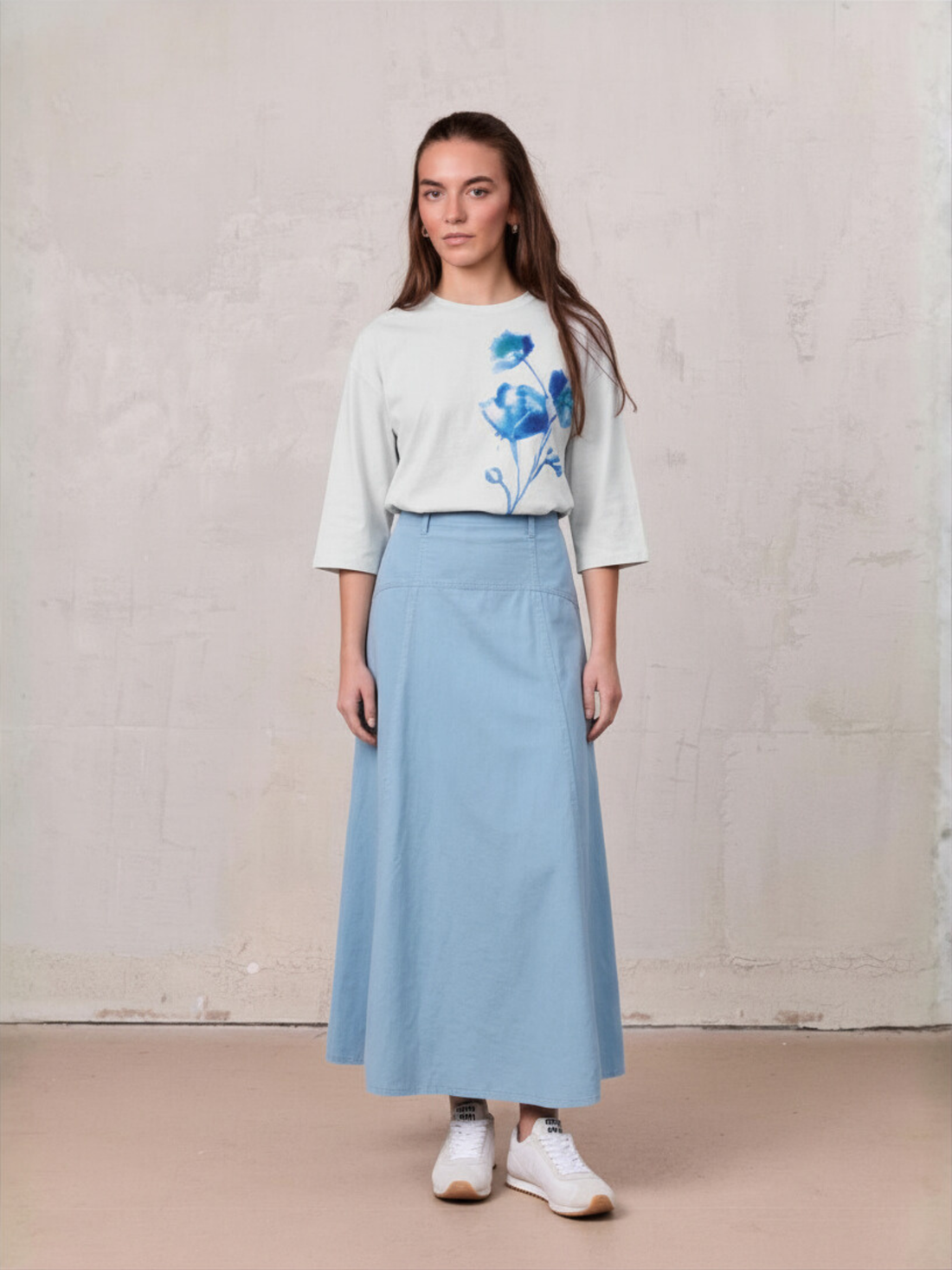 Cotton Yoke Circle Skirt-Blue