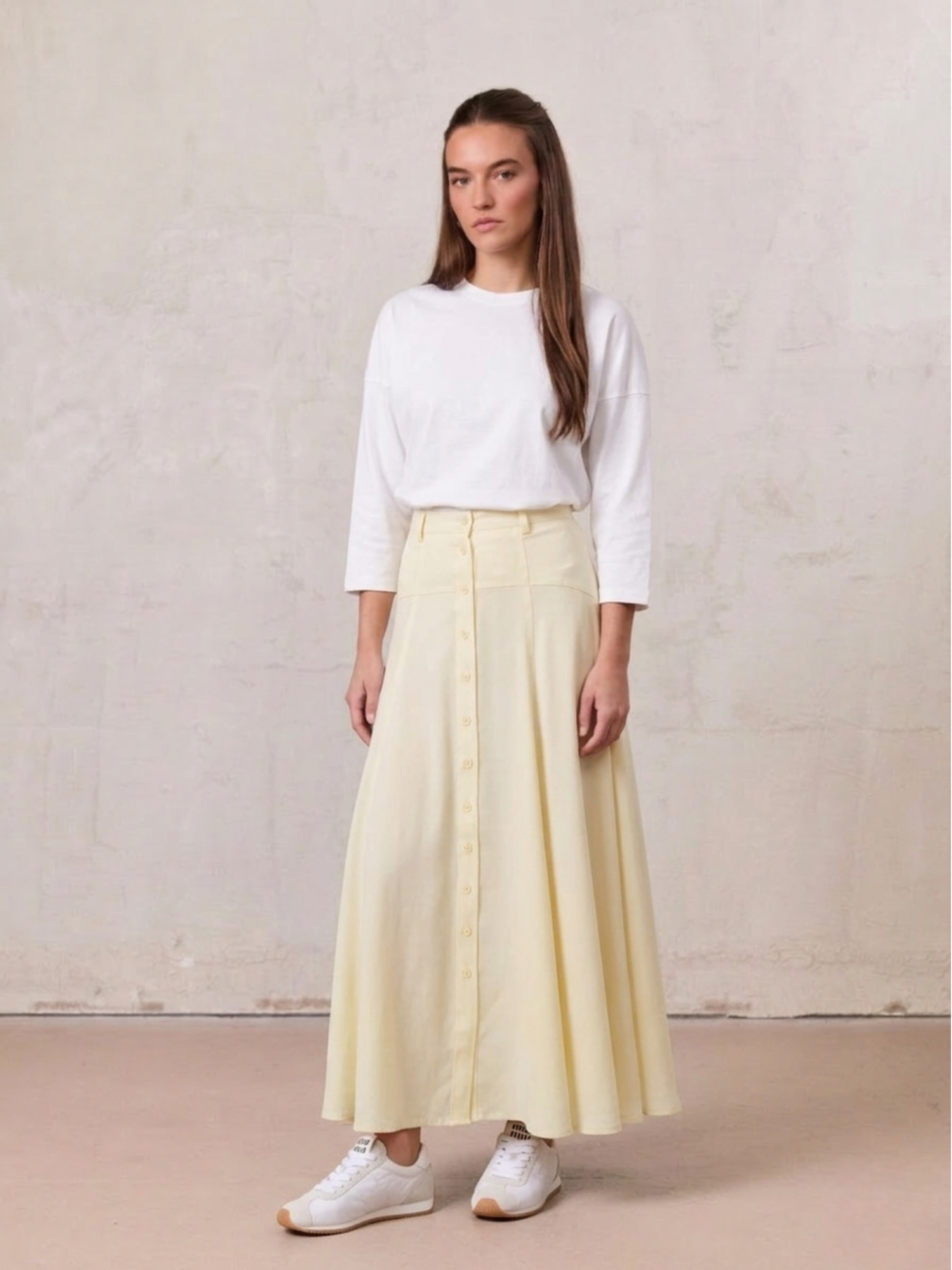 Tencel Yoke Button Down Skirt-Butter Yellow