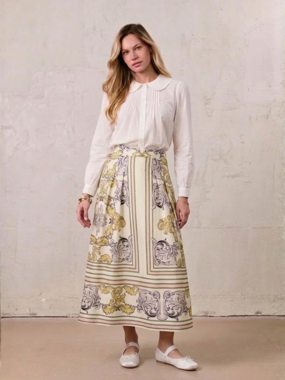 Printed Cotton Pleat Skirt-Yellow/Lavender