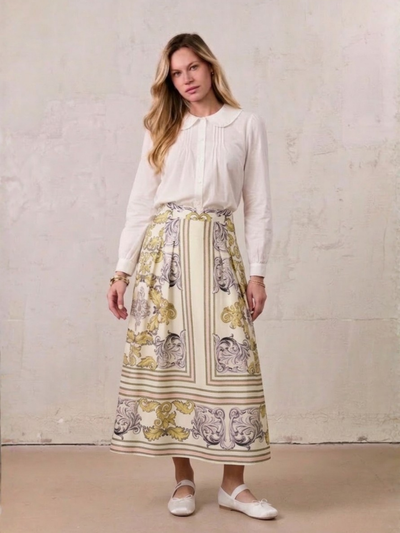 Printed Cotton Pleat Skirt-Yellow/Lavender