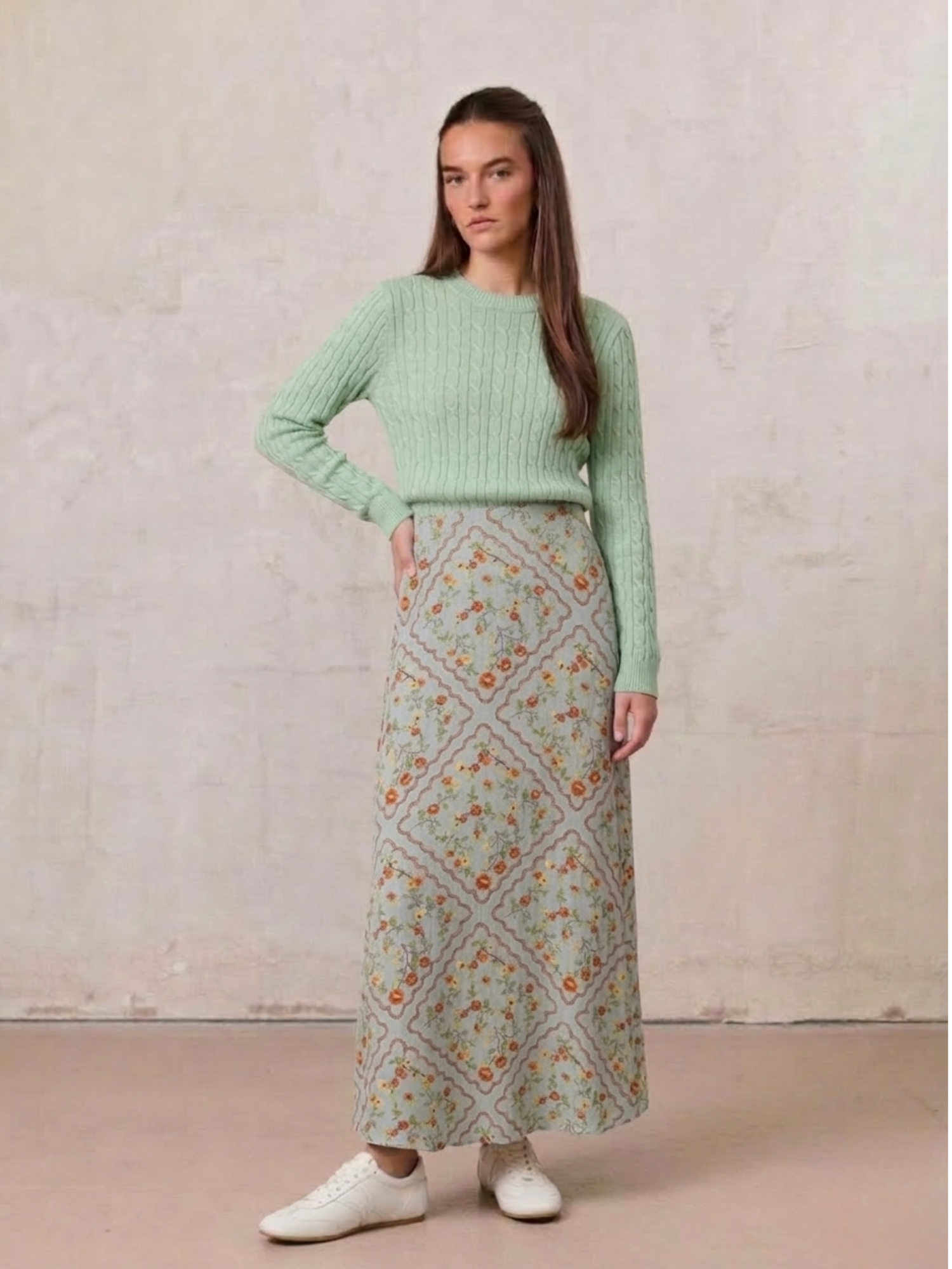 Full Belted Print Skirt-Diamond Floral