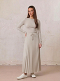 Elastic Waist Micro Pleat Skirt-Tan
