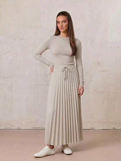 Elastic Waist Micro Pleat Skirt-Tan