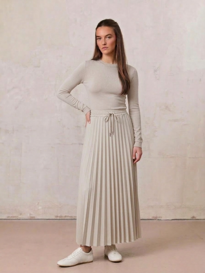Elastic Waist Micro Pleat Skirt-Tan