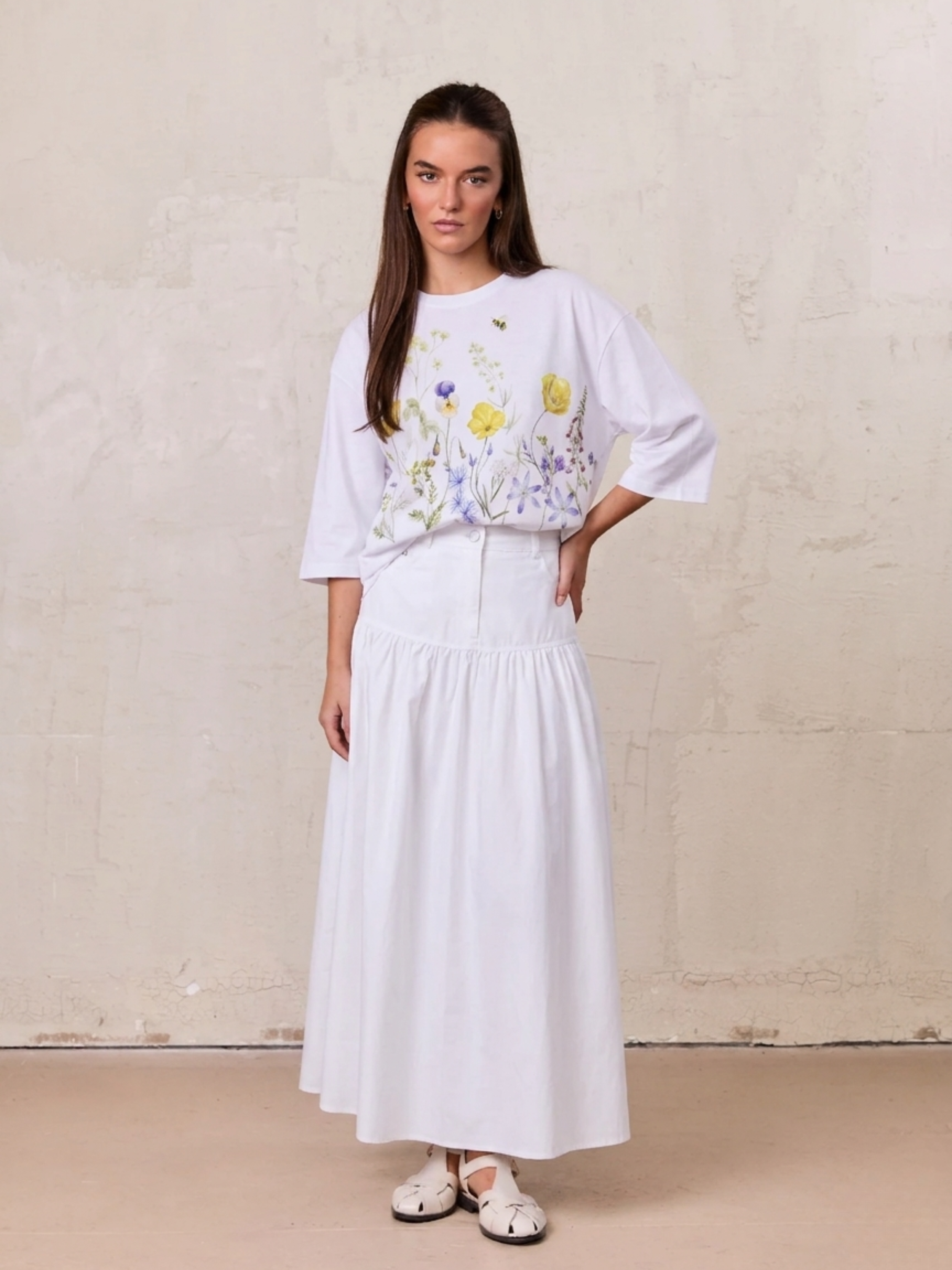 Gathered Drop Waist Yoke Skirt-White