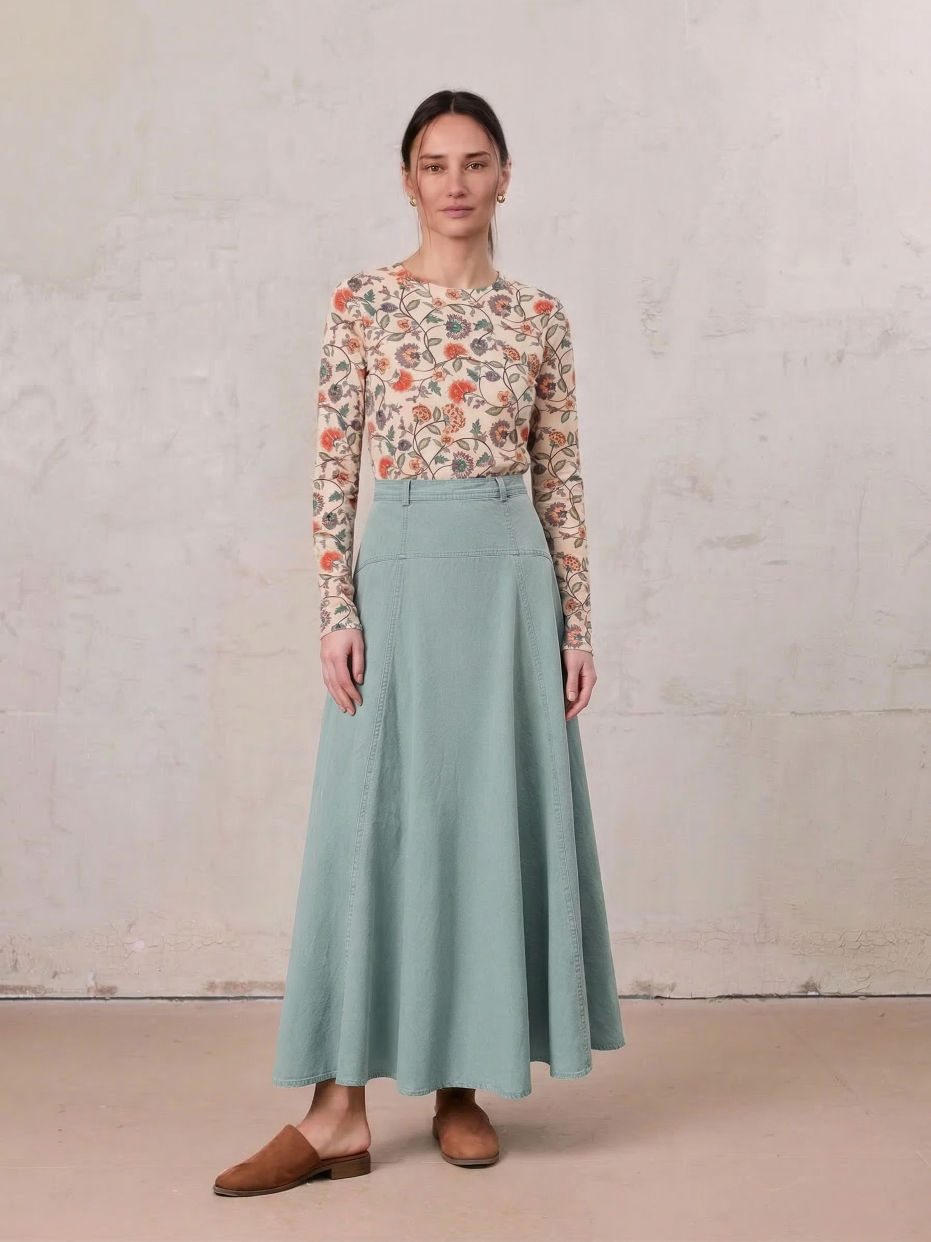 Denim Yoke Circle Skirt-Dusty Mint