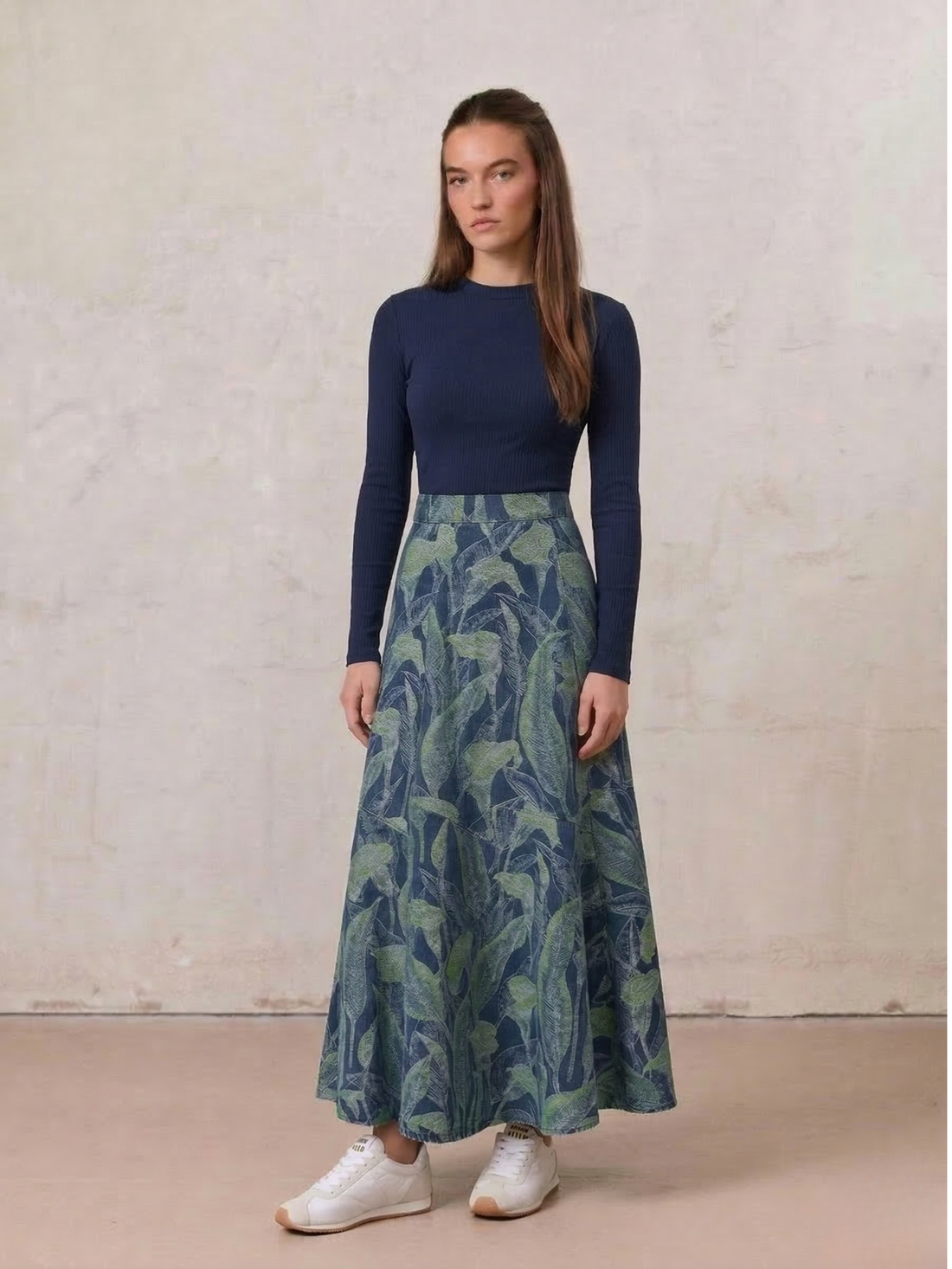 Printed Denim Trumpet Style Skirt-Blue Leaves