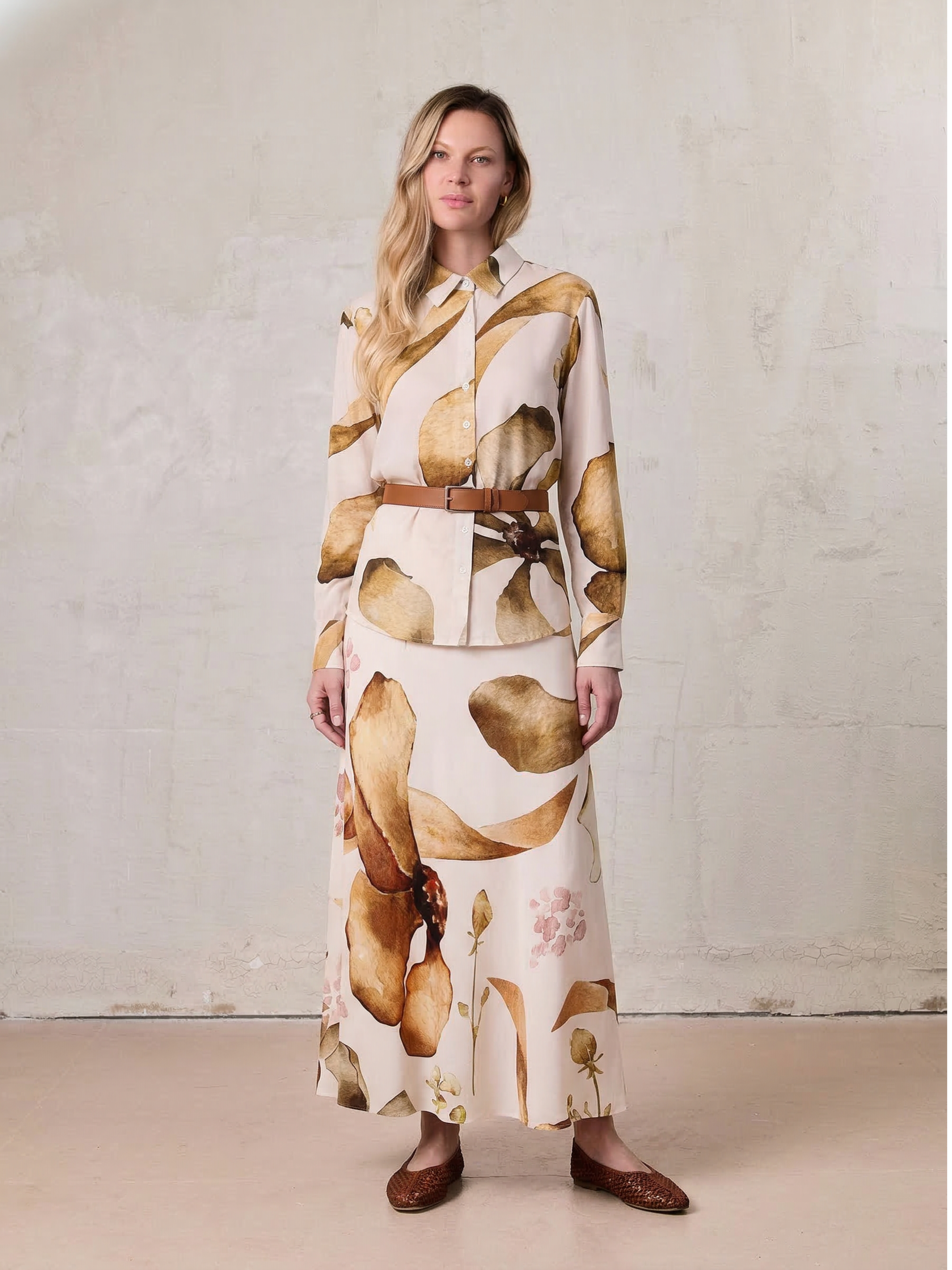 Printed Linen Blend Slip Skirt-Brown Floral