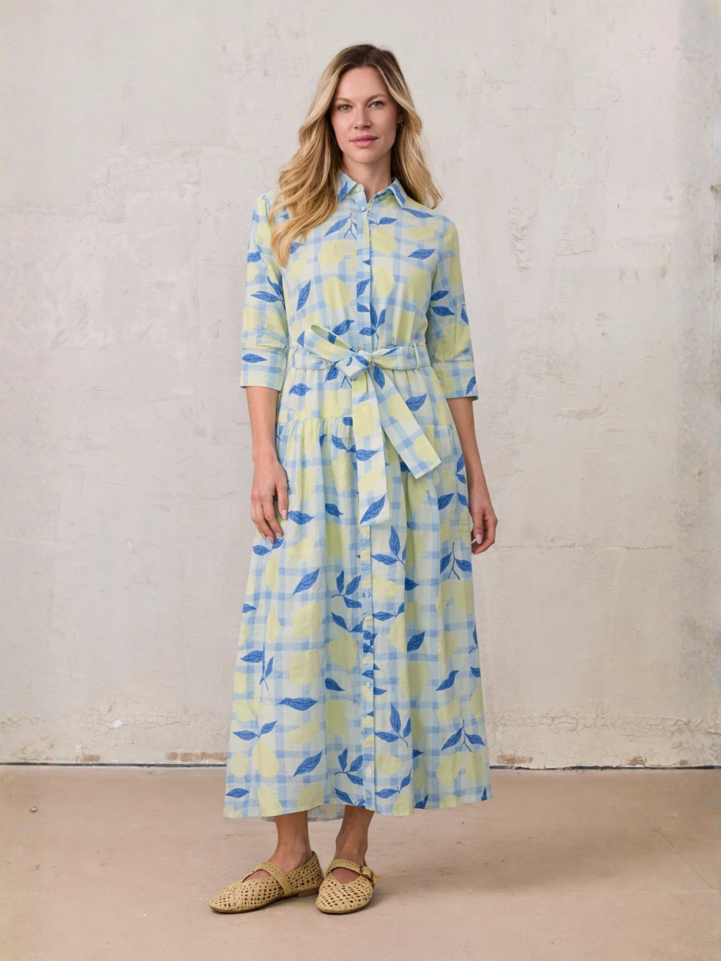 Yoke Gathered Belted Shirtdress-Lots of Lemon