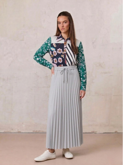 Elastic Waist Micro Pleat Skirt-Grey