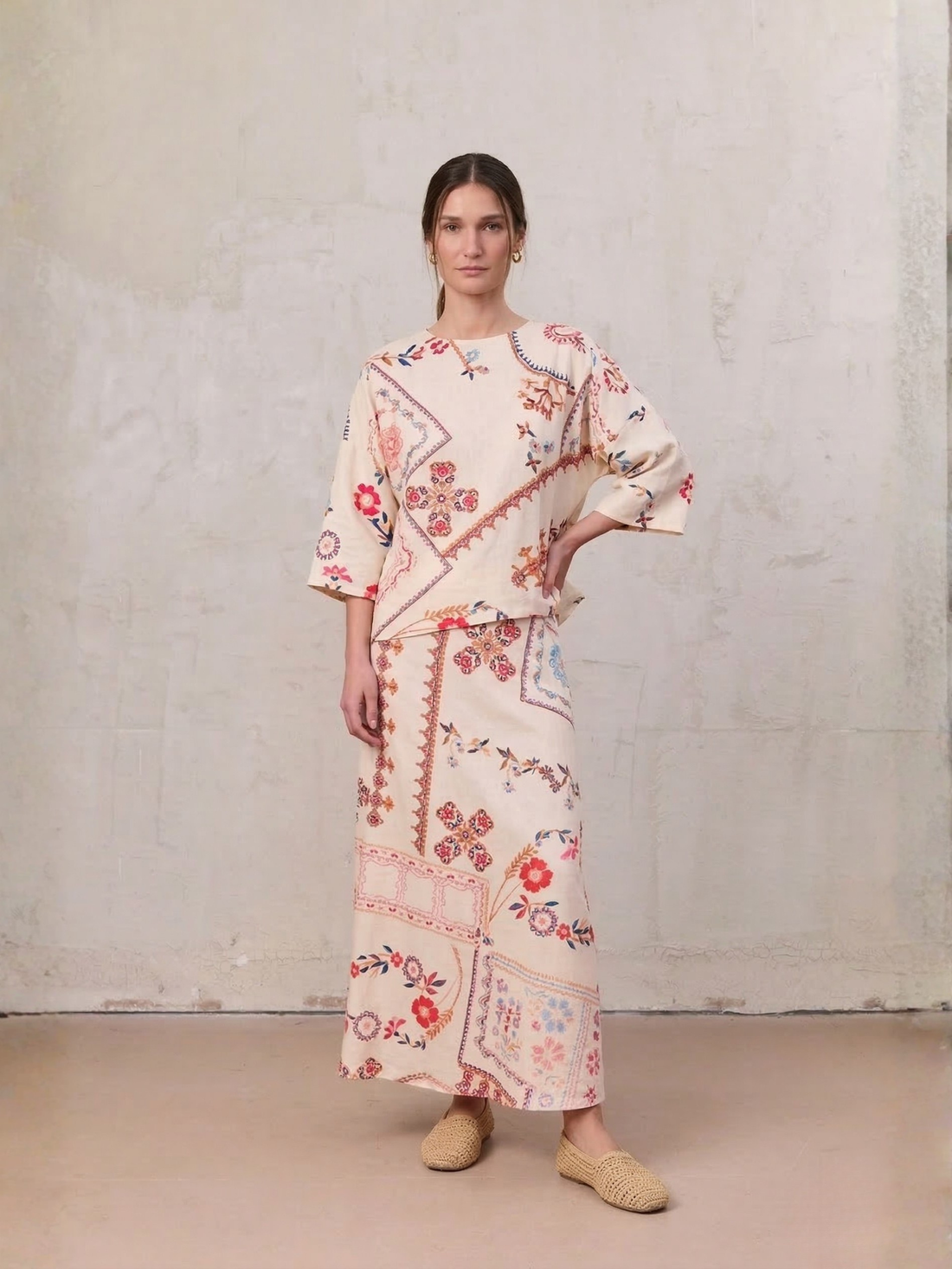 Printed Linen Blend Slip Skirt-Aztec Floral