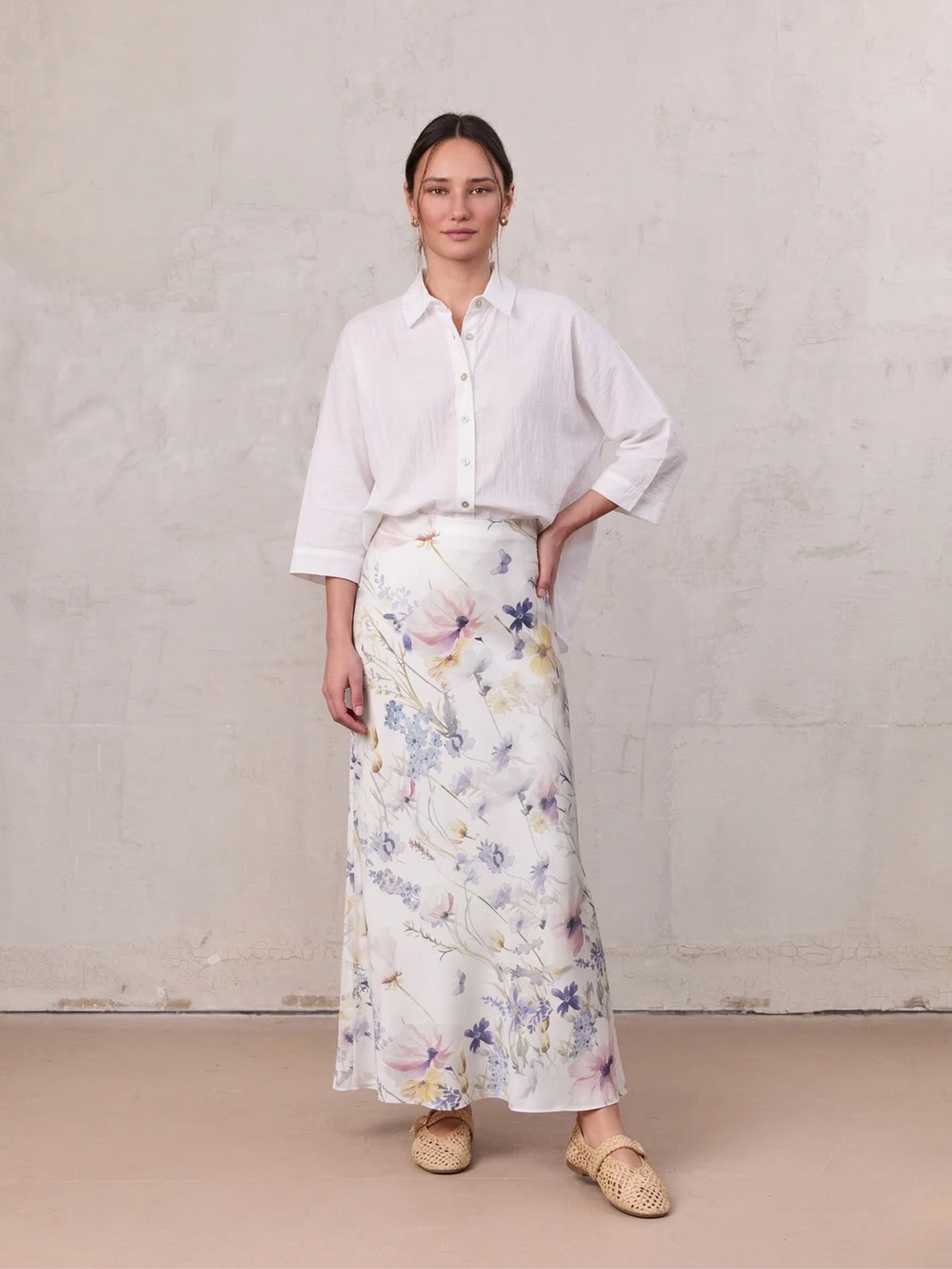 Printed Linen Blend Slip Skirt-Scattered Flowers