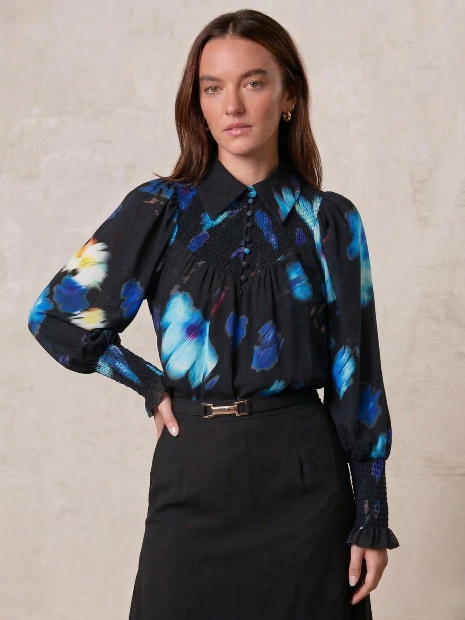 Smocked Blouse-Blue Floral