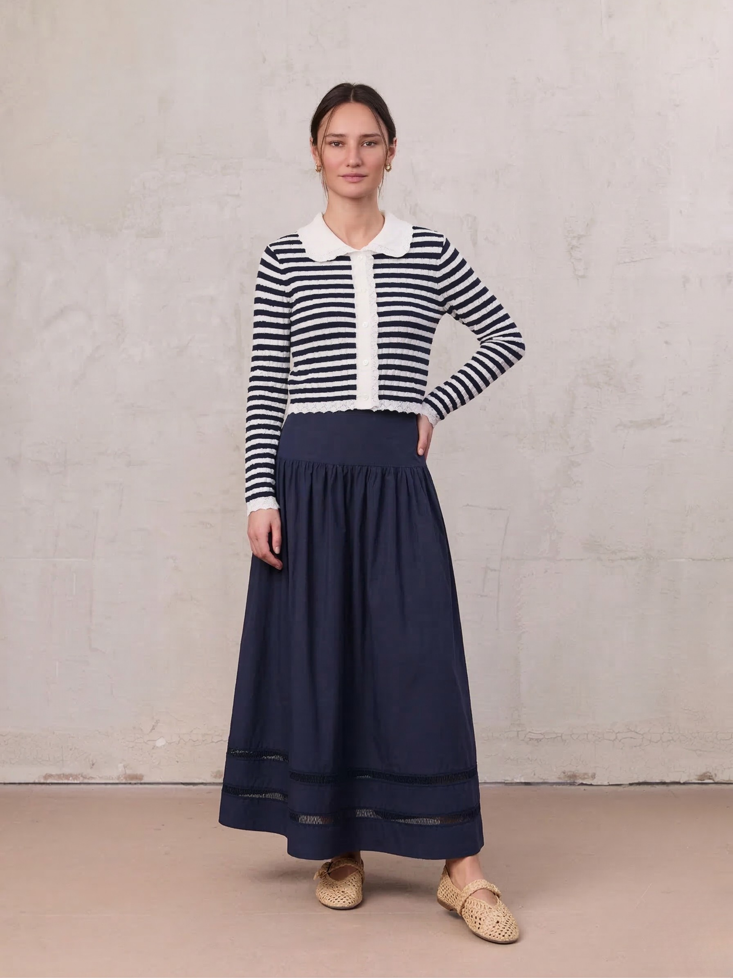 Border Cut Out Yoke Skirt-Navy Blue