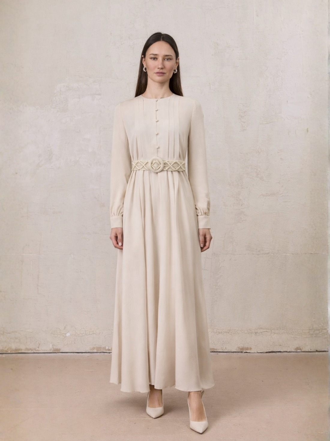 Pleat Top Silk/Linen Blend Dress-Oatmeal