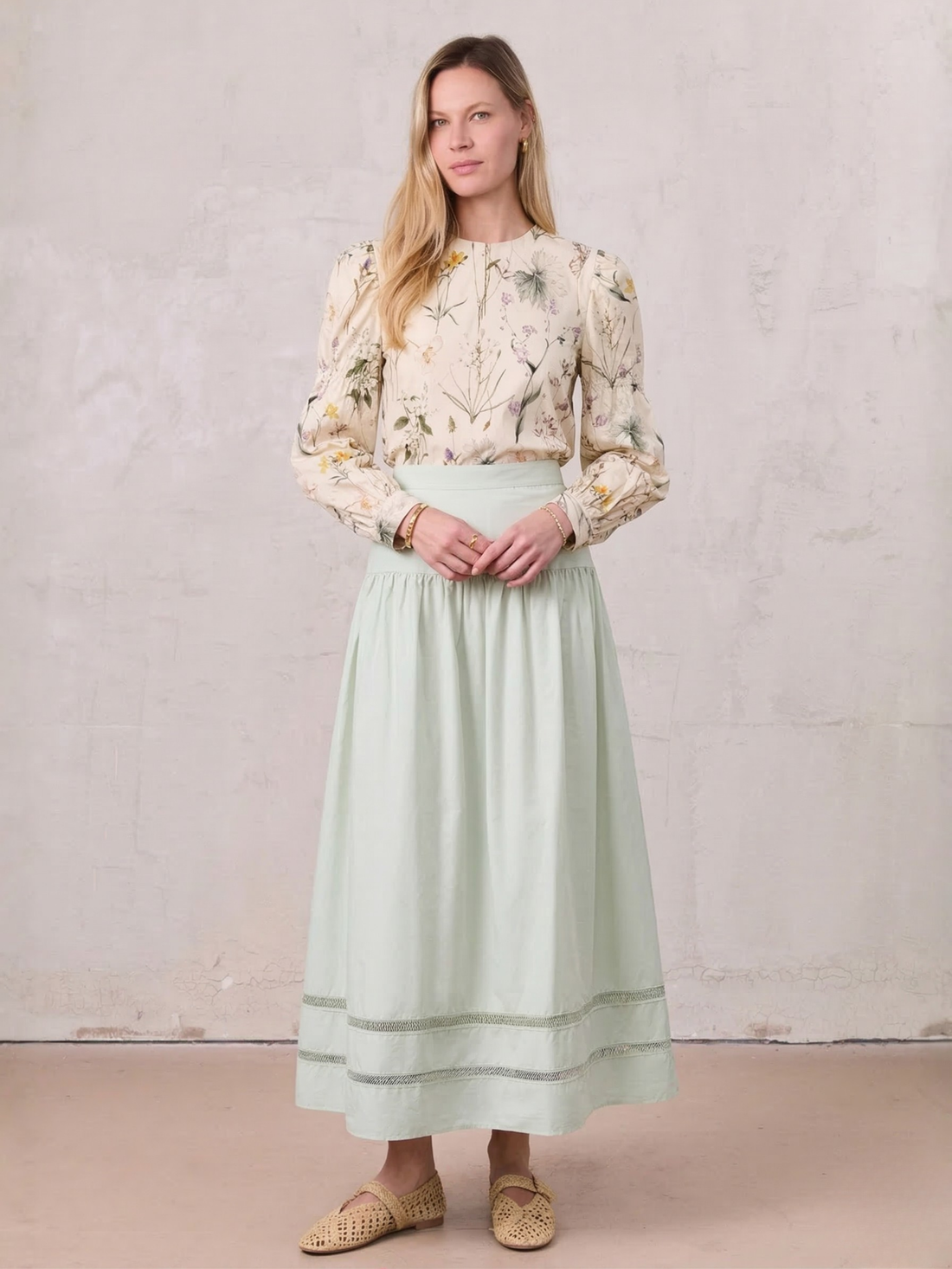 Border Cut Out Yoke Skirt-Mint