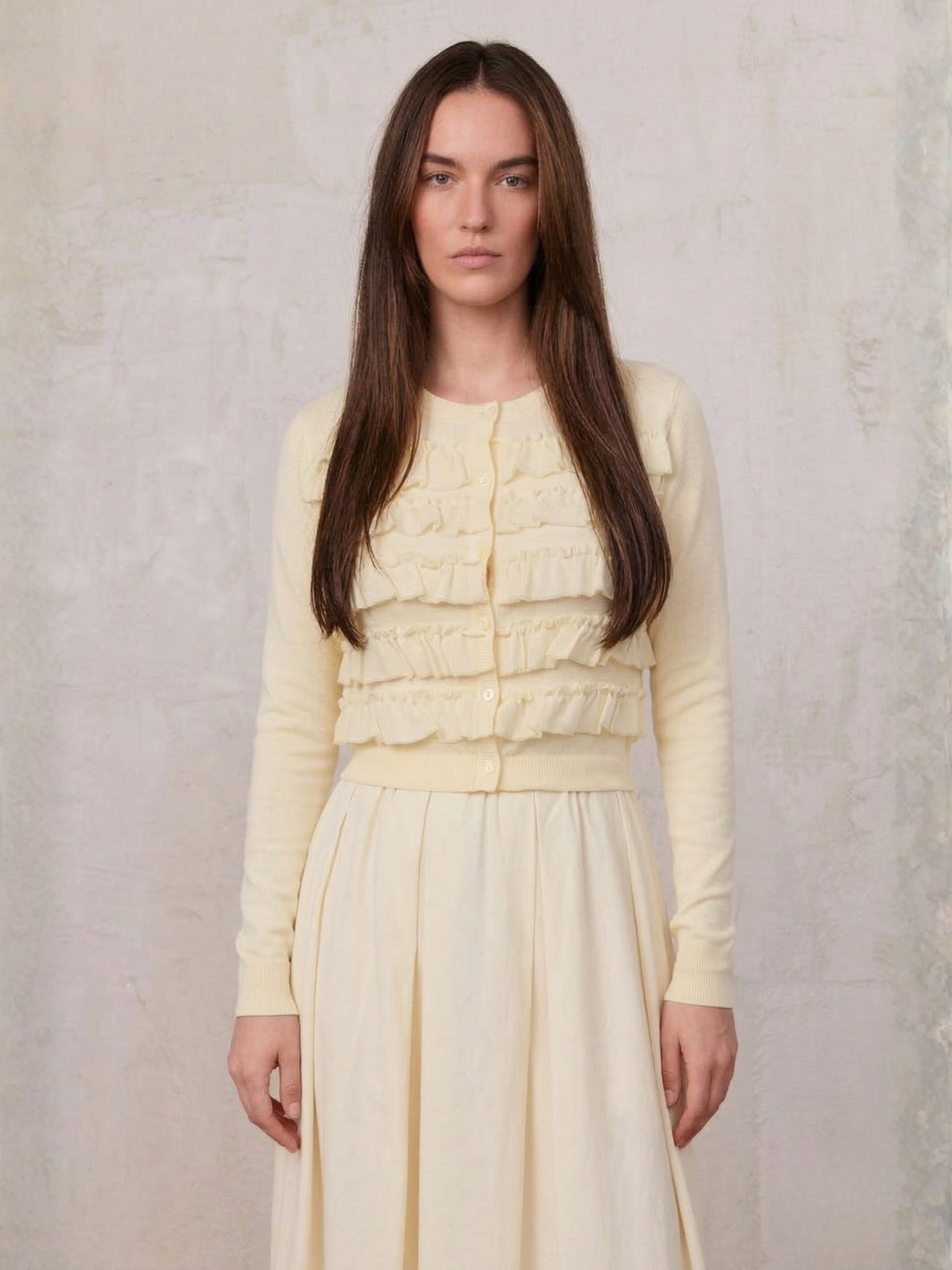 Ruffle Design Cardigan-Butter