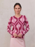 Printed Thin Button-Down Crew Cardigan-Pink Geometric