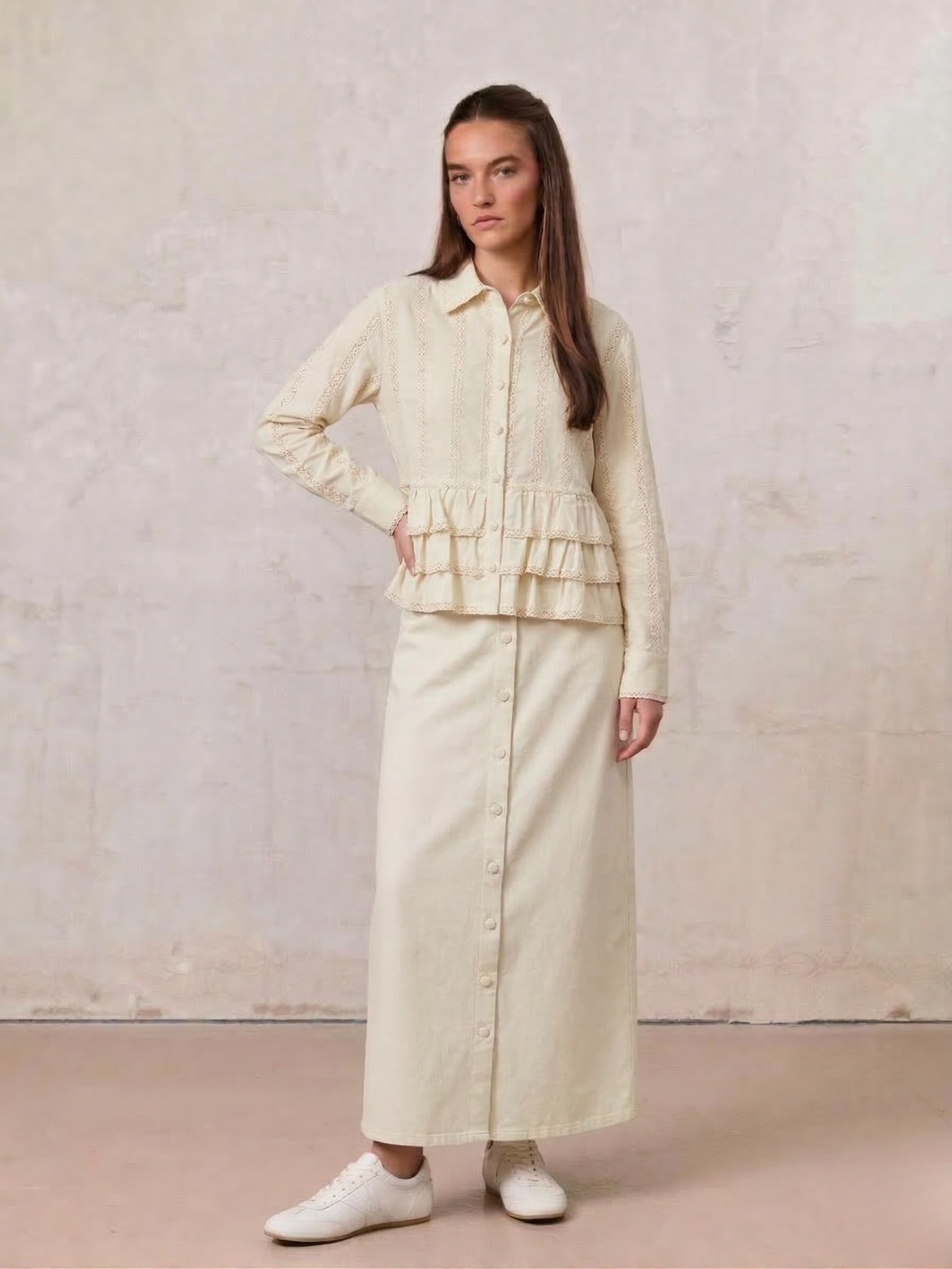 Straight Button Down Maxi Skirt-Cream 27 inch