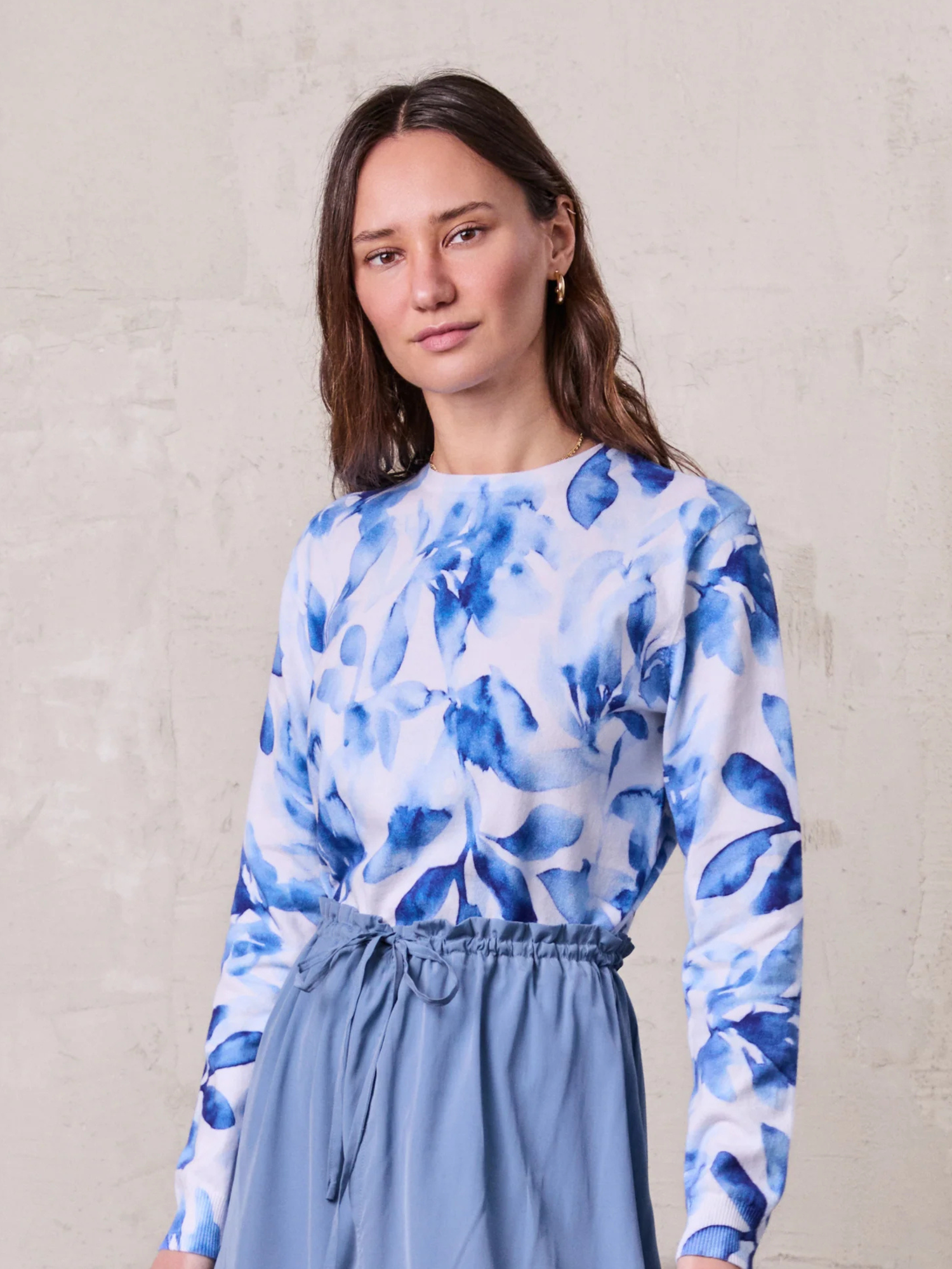 Printed Sweater-Blue Leaves
