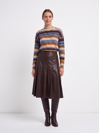 Faux Leather Stitch Down Pleated Skirt-Brown