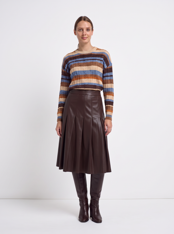Faux Leather Stitch Down Pleated Skirt-Brown
