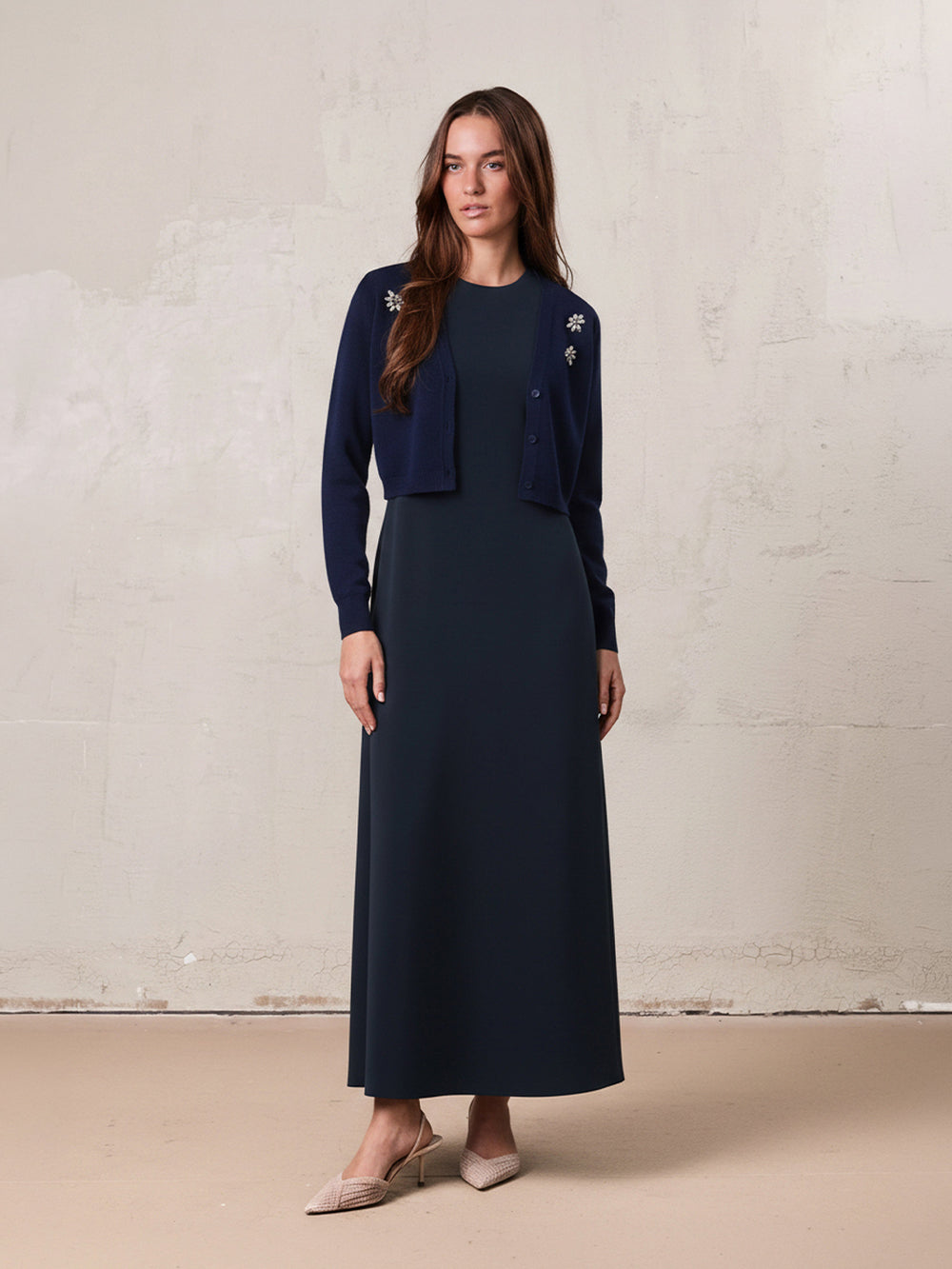 Faux Satin Crew Neck Slip Dress-Navy