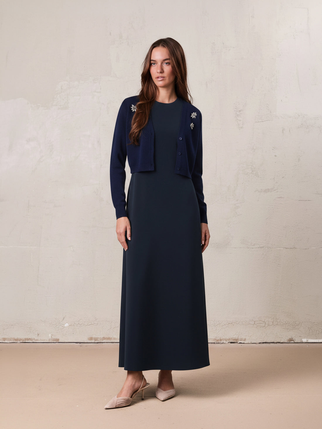 Faux Satin Crew Neck Slip Dress-Navy