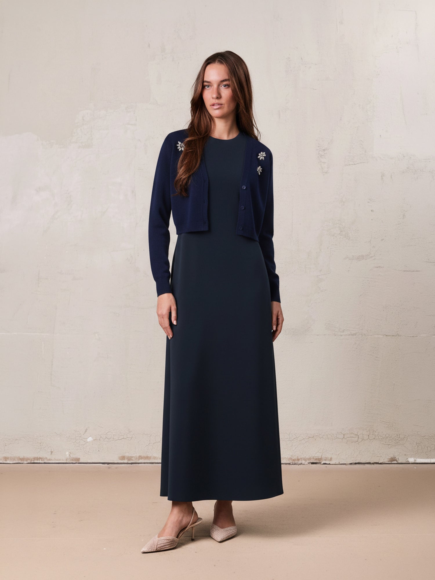 Faux Satin Crew Neck Slip Dress-Navy