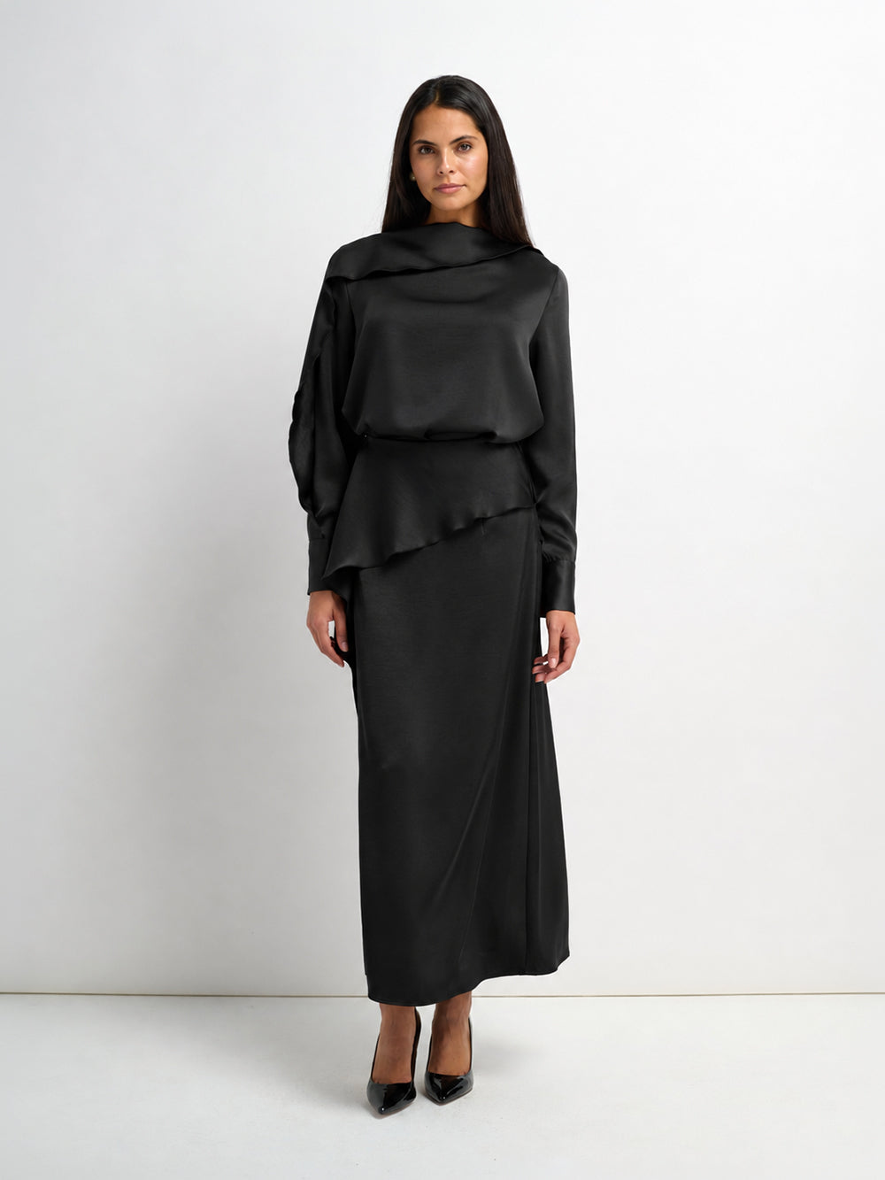 Faux Satin Ruffle Skirt - Black