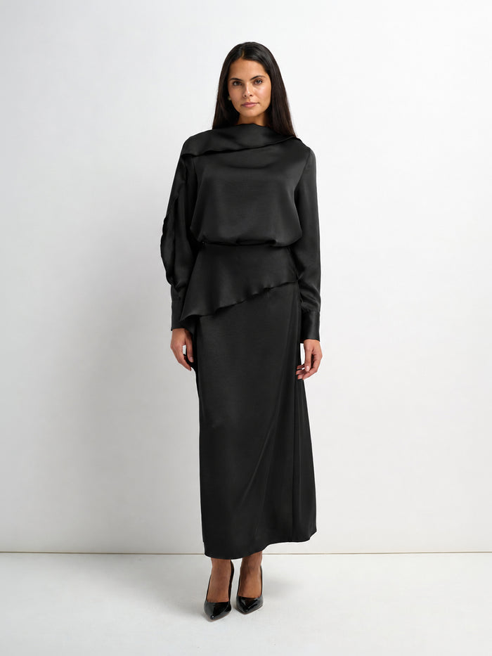 Faux Satin Ruffle Skirt - Black