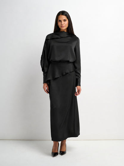 Faux Satin Ruffle Top - Black