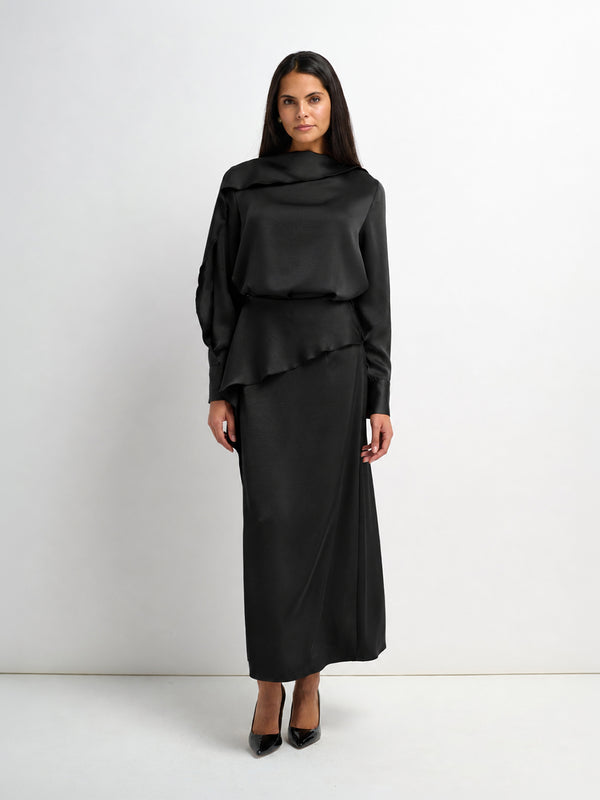 Faux Satin Ruffle Top - Black