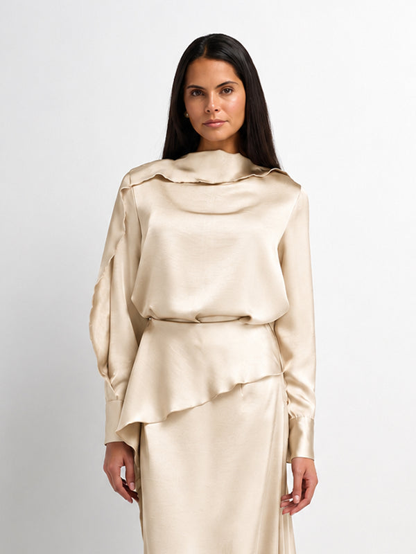 Faux Satin Ruffle Skirt - Cream