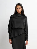 Faux Satin Ruffle Top - Black