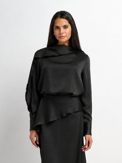 Faux Satin Ruffle Top - Black