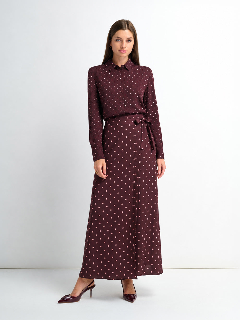 Faux Wrap Polka Dot Skirt - Burgundy/Pink