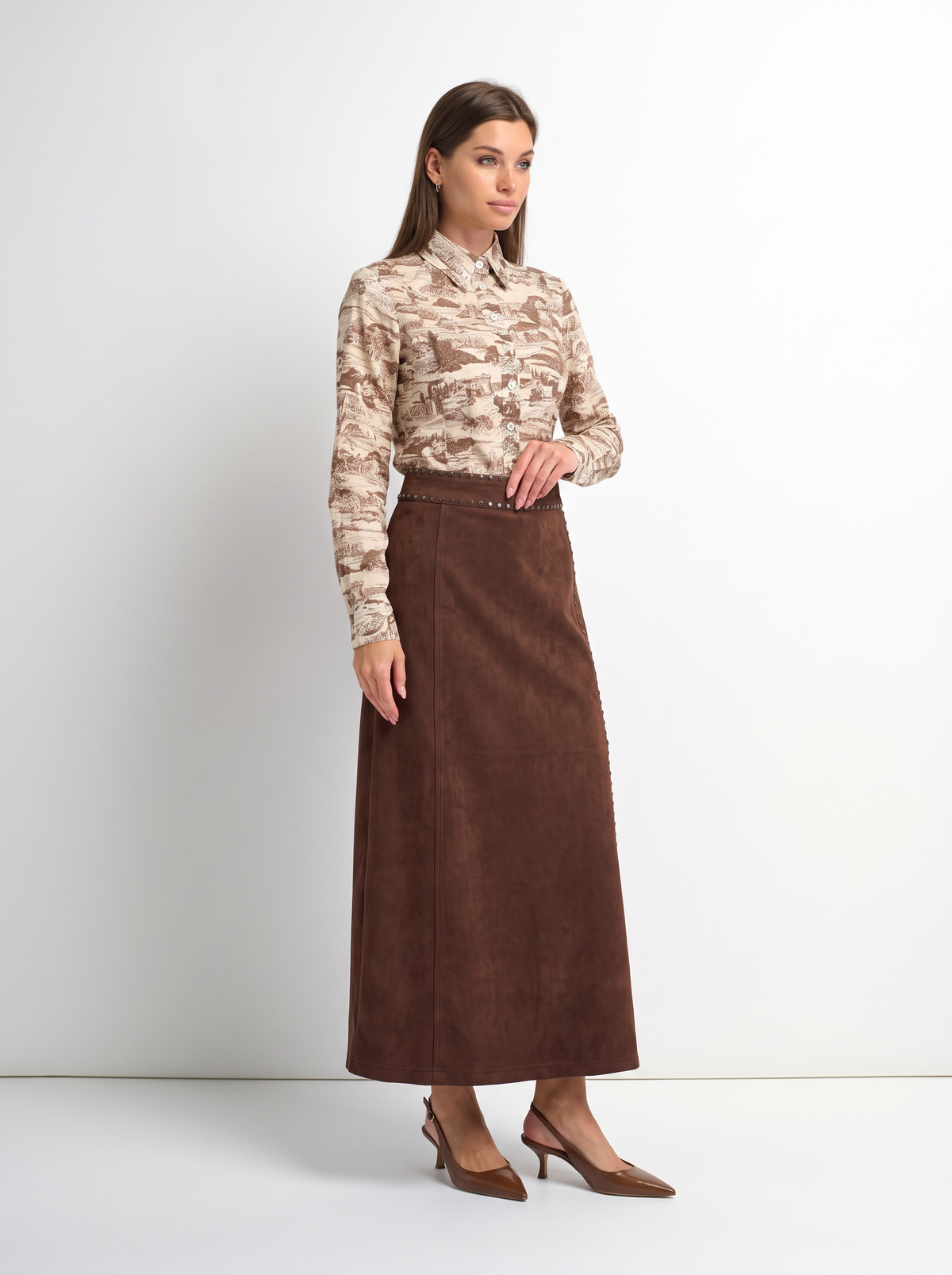 Faux Wrap Stud Skirt - Brown