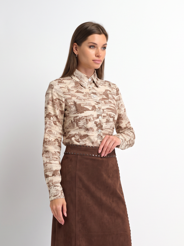 Thin Printed Button Down Blouse - Brown Toille