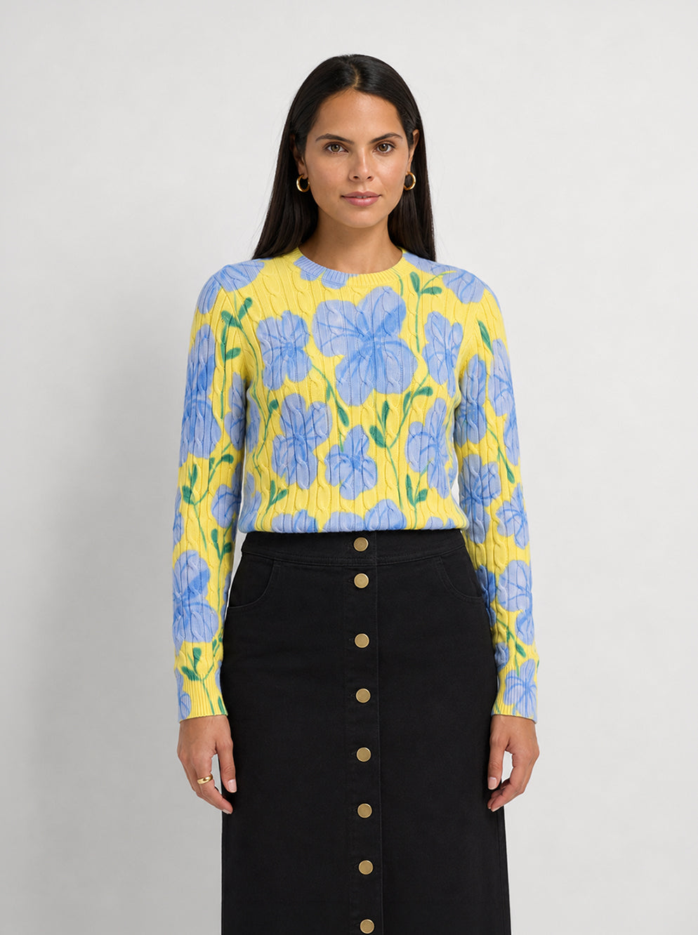 Floral Cable Printed Sweater - Yellow/Blue Floral